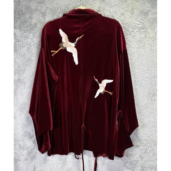 Japanese‎ Wine Velvet Women Embroidery Crowned Crane Kimono Bathrobe Sz L - Picture 2 of 9